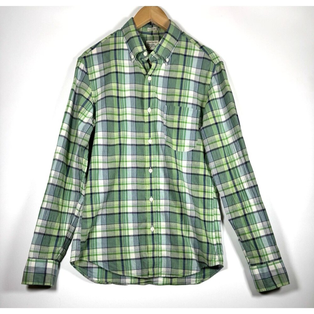 J Crew Indian Madras Shirt Mens Small‎ Green Plaid Slim Fit Cotton Button Front